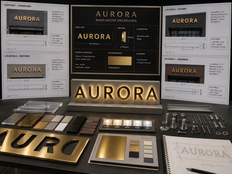 Brand master signage specification with controlled variations for different store locations