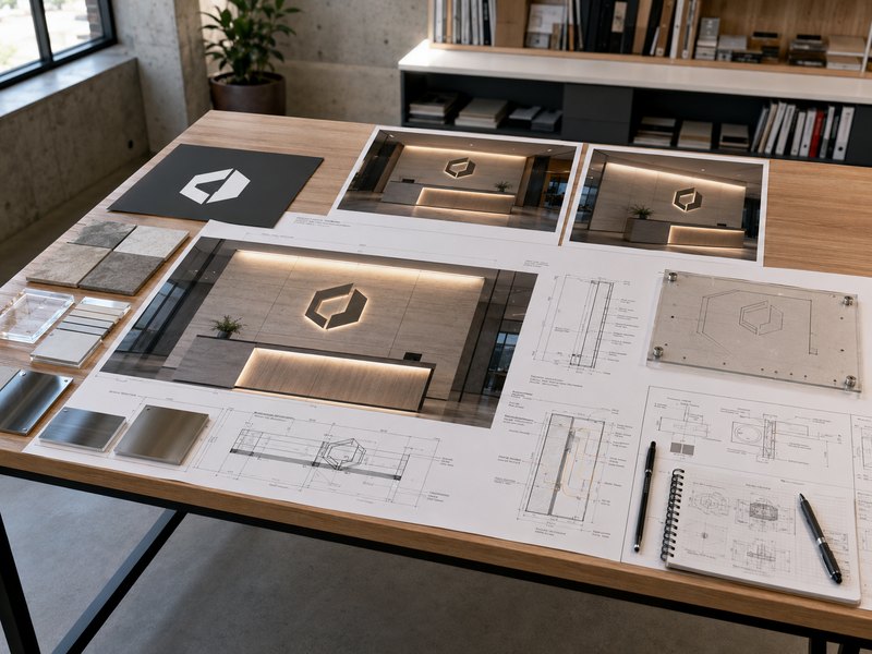 Technical planning workspace with reception wall measurements, logo artwork, material samples, mounting template and 3D brand wall rendering