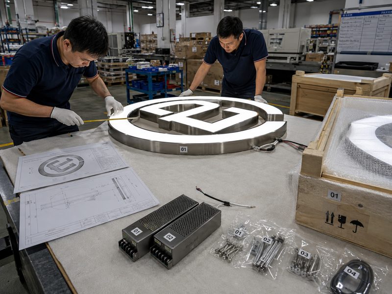 Custom illuminated brand wall logo undergoing quality inspection with mounting template, installation accessories and export packaging