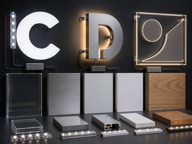 Acrylic, stainless steel, aluminum and timber brand wall materials with front-lit, halo-lit and edge-lit logo samples