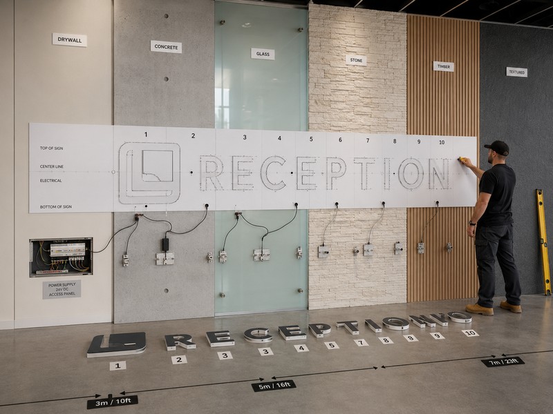 Interior brand wall sign installation with mounting template, dimensional letters, concealed wiring, stand-offs, and wall anchors