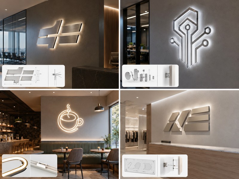 Interior brand wall signage options for corporate offices, technology companies, cafés, and multi-location retail spaces