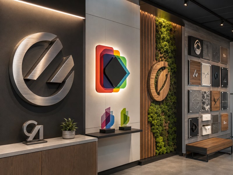 Interior brand wall style display featuring dimensional metal letters, layered acrylic, timber, moss and modular story panels