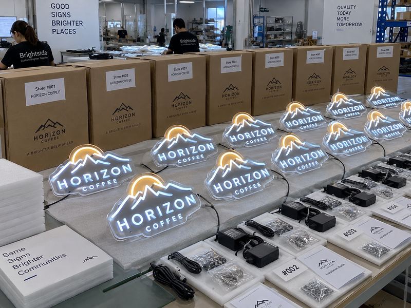 Bulk LED neon sign production with consistent signs, protective packaging and store-by-store delivery preparation