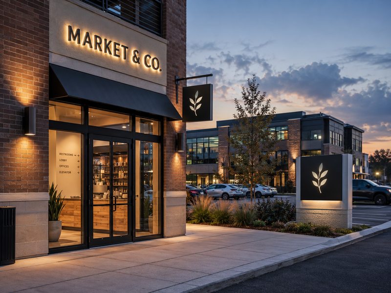 Different commercial business signs used for storefront identification, pedestrian visibility, property entrances and wayfinding