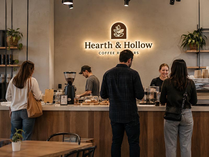 Custom cafe logo sign on a coffee shop brand wall behind the counter