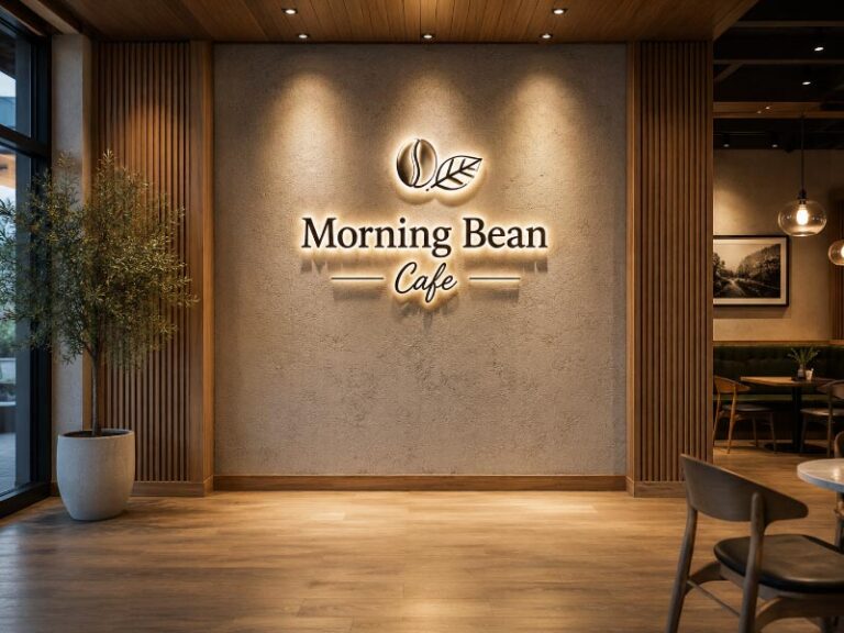 Custom illuminated logo wall and photo wall sign in a modern cafe interior