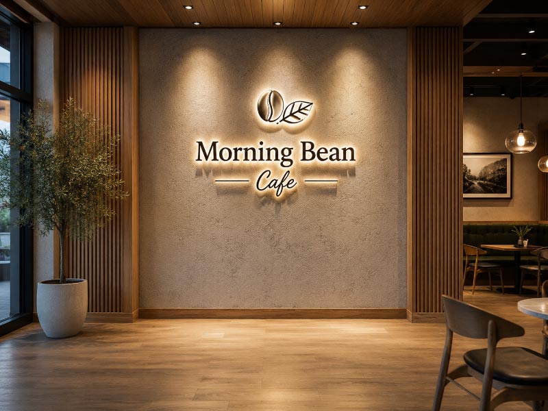 Custom illuminated logo wall and photo wall sign in a modern cafe interior