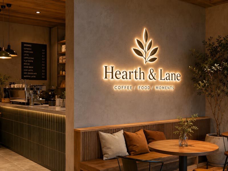 Warm white cafe wall sign with low-glare materials and balanced interior lighting