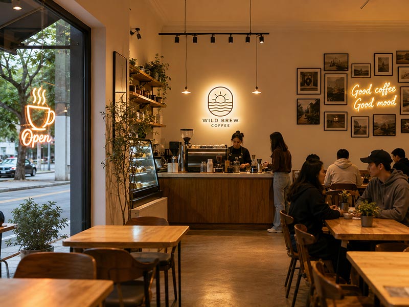 Cafe sign placement options for window counter and interior wall branding