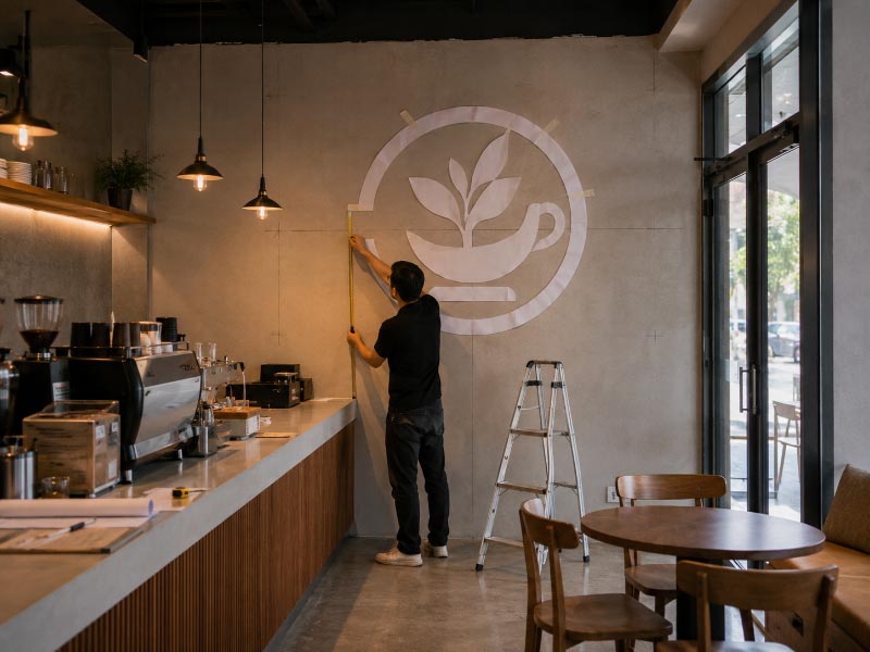 Measuring and positioning a cafe logo wall sign before installation