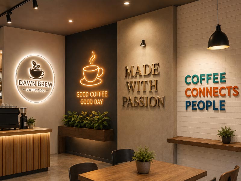 Acrylic LED logo, LED neon, metal letters, and acrylic wall signs for cafes