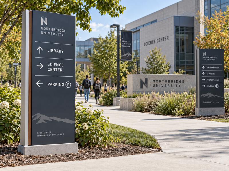 Campus wayfinding sign manufacturer showing a coordinated university signage system