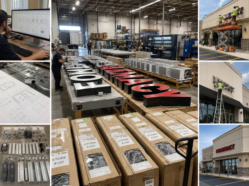 Centralized sign manufacturing with regional shipments and local storefront installation for multi-location rollout