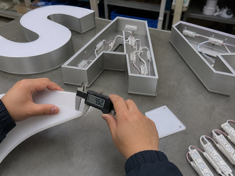 Acrylic face thickness being measured for front-lit channel letters during an engineering inspectionAcrylic face thickness being measured for front-lit channel letters during an engineering inspection