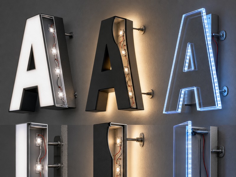 Channel letter and acrylic LED logo lighting structure comparison
