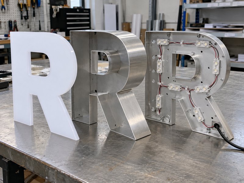 Channel letter back showing LEDs wiring mounting holes and letter construction