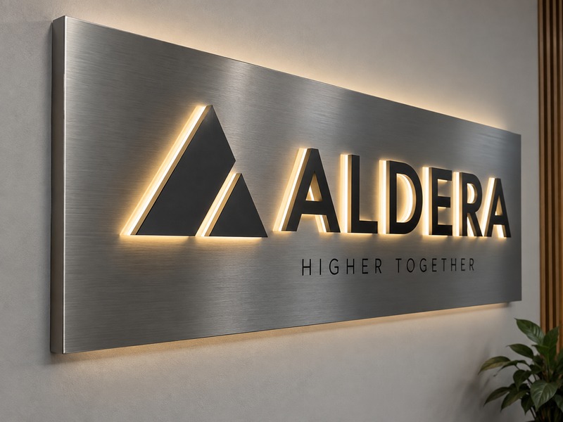 Illuminated channel letters mounted on a custom aluminum backboard with concealed wiring