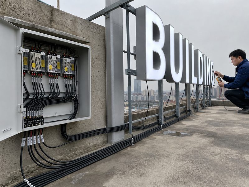 Technician checking voltage drop across long cable runs for large channel letters