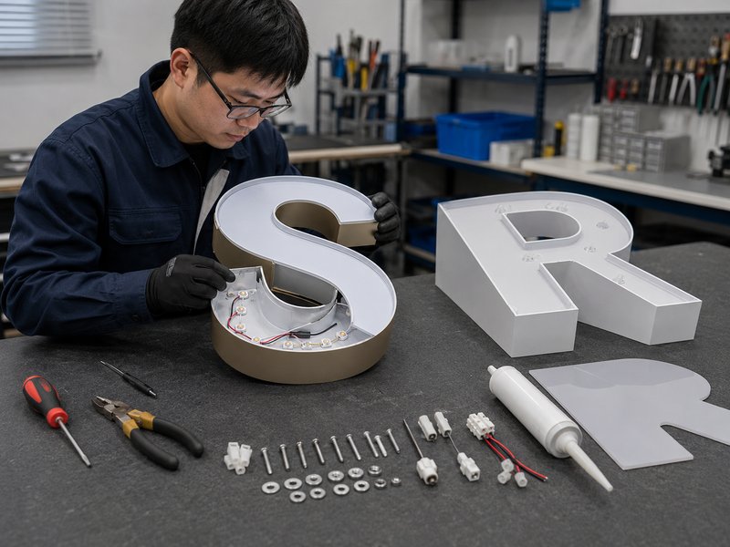 Technician comparing maintenance access for trimless and trim cap channel letters