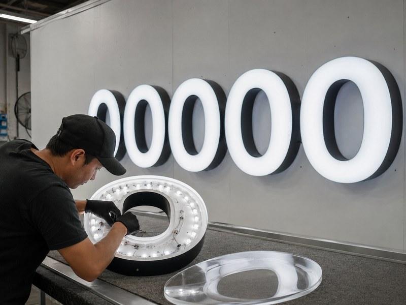 Channel letters being adjusted and tested to prevent dark areas and achieve uniform illumination