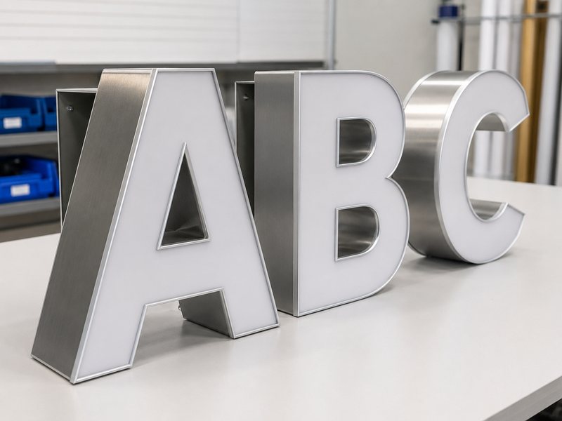 Channel letters with different return depths showing the face, metal sidewalls, and rear structure