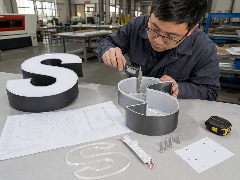 Engineer checking channel letter return depth against the approved shop drawing before production