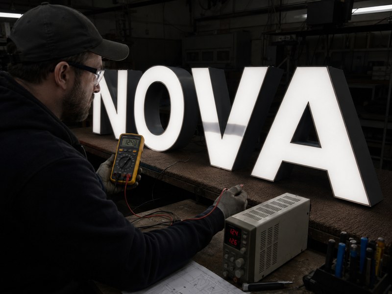 Engineer diagnosing a dark area in illuminated channel letters during factory testing
