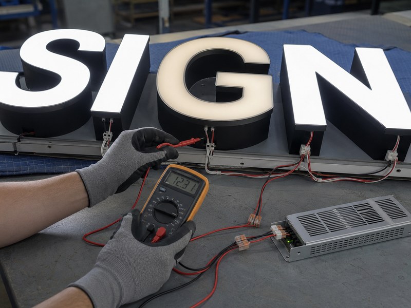 Technician measuring channel letter voltage to identify power supply, wiring and voltage-drop problems