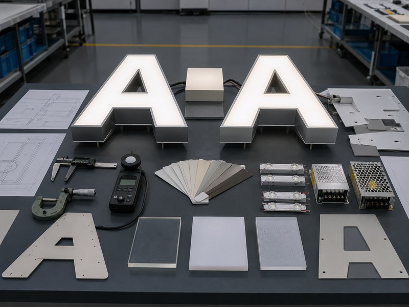 Two illuminated channel letter samples being compared for color, dimensions, lighting, and construction equivalence.