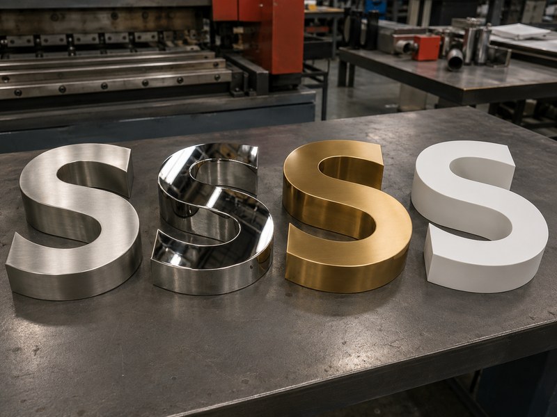 Stainless steel finishes and powder-coated aluminum channel letter samples