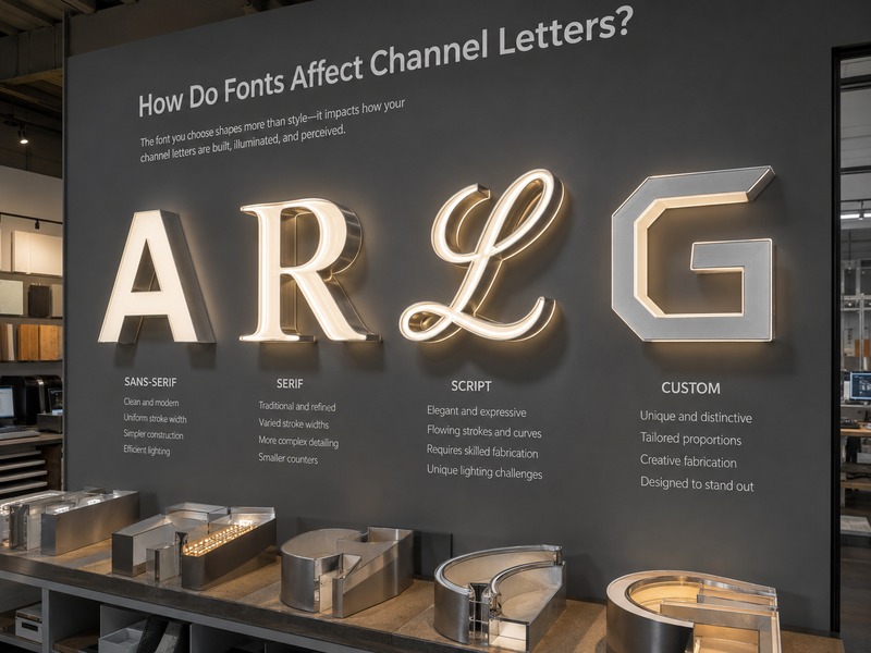 Fabricated channel letter samples showing sans-serif, serif, script and custom letterforms