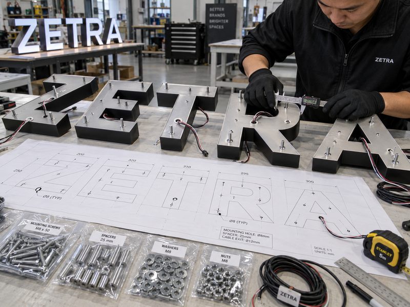 Checking channel letter mounting holes, wire exits and installation template before shipment
