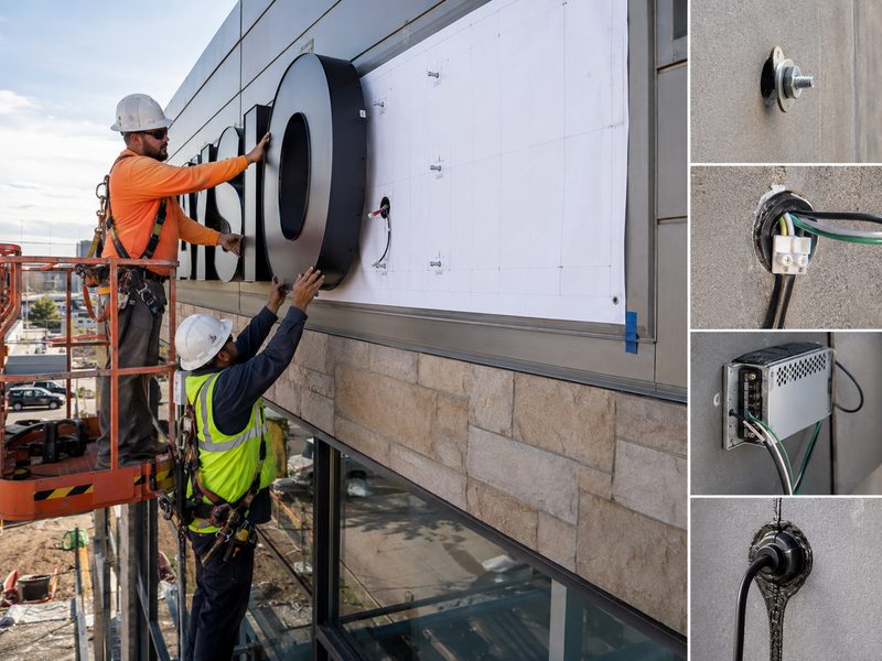 Technicians installing dimensional channel letters with wiring, anchors and mounting template on a commercial façade