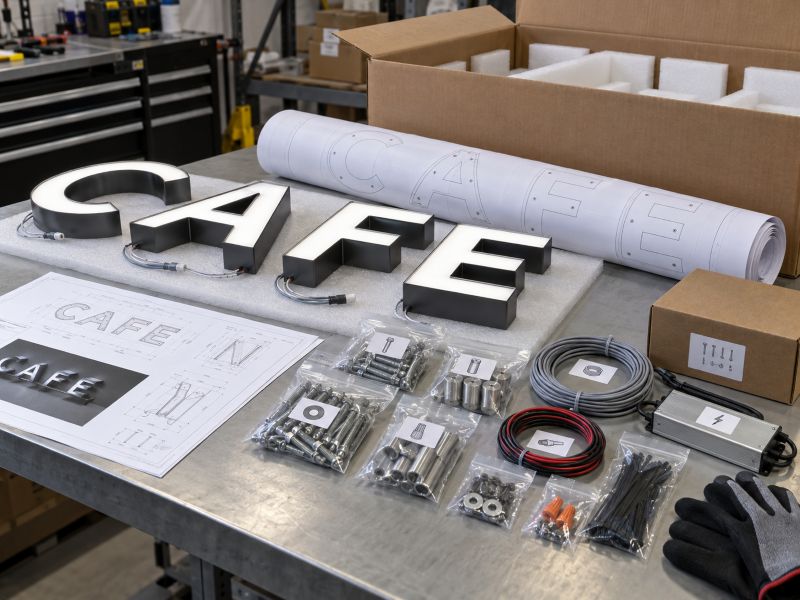 Installation-ready channel letter package with template, drawings, hardware, wiring, and finished letters