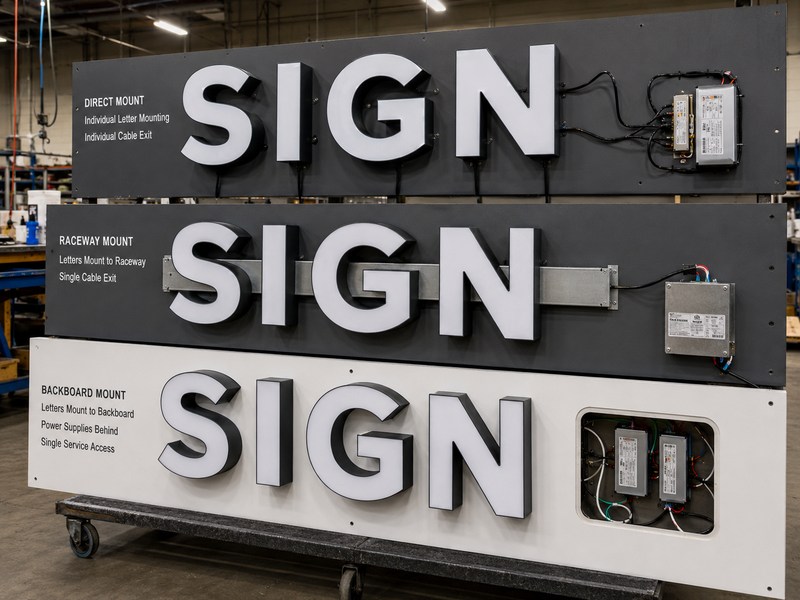 Power planning for direct-mounted, raceway-mounted, and backboard channel letters