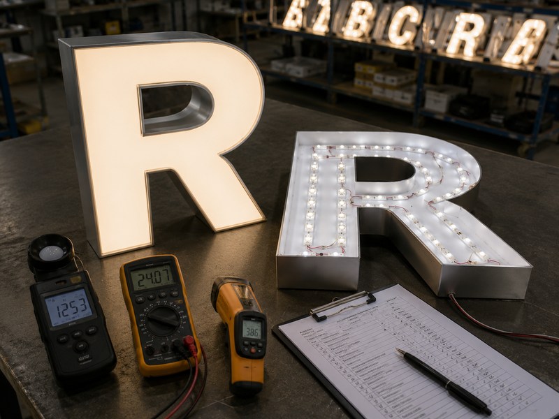 Final channel letter LED layout verified for brightness, color, voltage, and heat