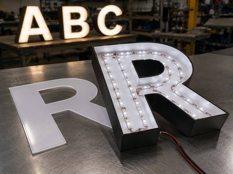 LED rows arranged inside an open front-lit channel letter for even illumination