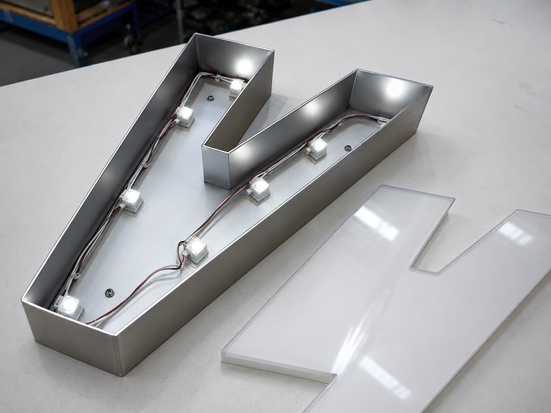 Open channel letter showing LED spacing, letter depth and narrow areas that can cause dark spots