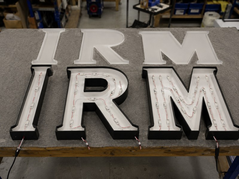 Channel letters with different depths and stroke widths requiring different LED arrangements