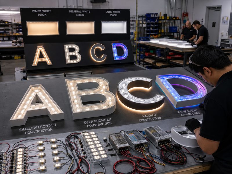 LED channel letter lighting workshop showing module layouts, RGBW systems, wiring, and illumination testing.
