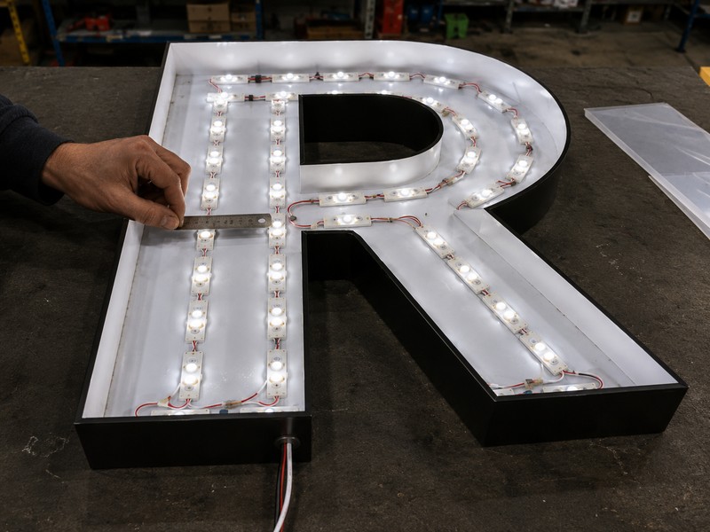 Balanced LED row positioning across channel letter strokes, curves, and intersections