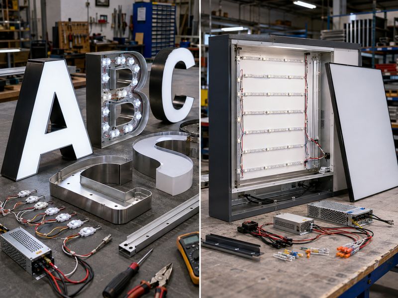 Channel letter and light box components prepared for maintenance and inspection