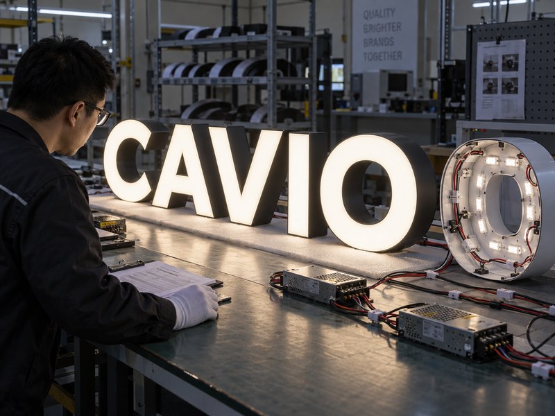 LED channel letters undergoing lighting uniformity and electrical testing before shipping