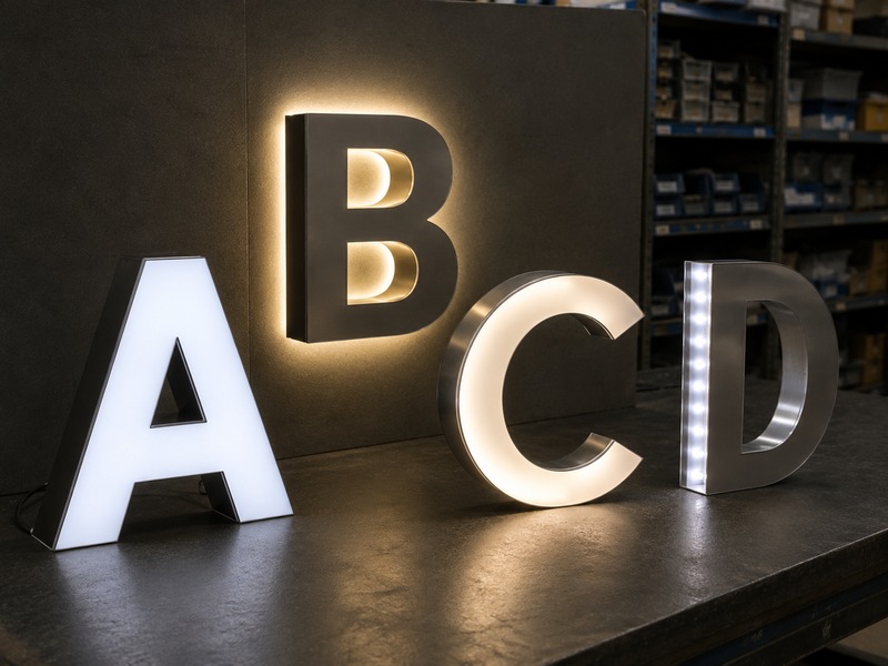 Front-lit, halo-lit, dual-lit, and side-lit channel letters with different LED layouts