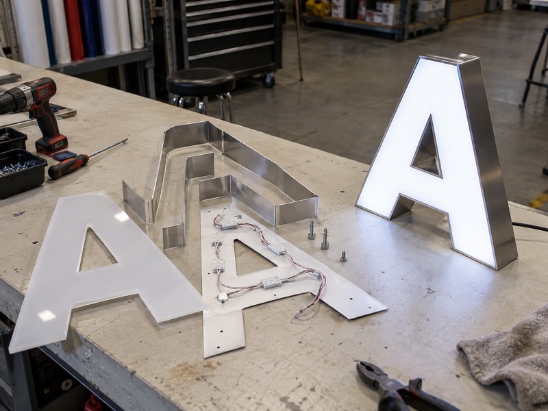 Channel letter components including acrylic face, metal returns, LEDs and wiring