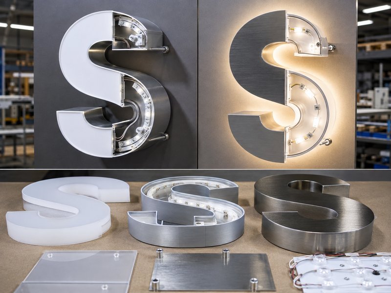 Channel letter materials and LED construction details in manufacturing workshop