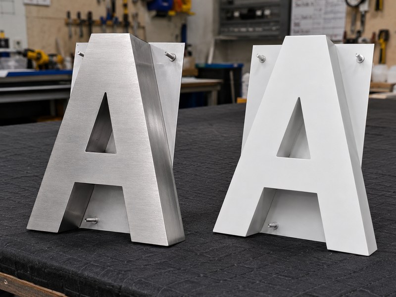 Identical stainless steel and aluminum channel letters showing their structural differences