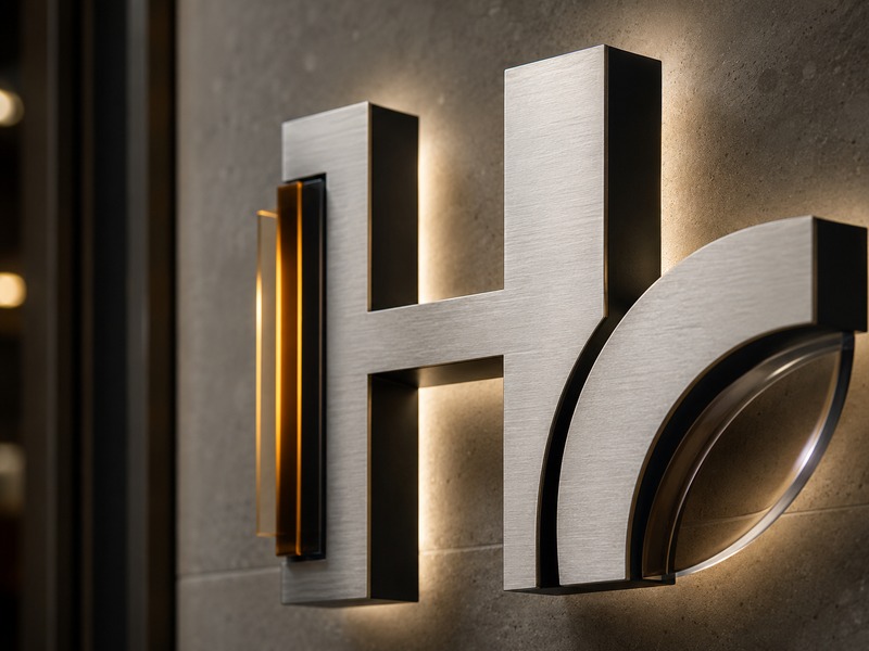 Channel letters combining brushed metal, colored acrylic and warm halo lighting