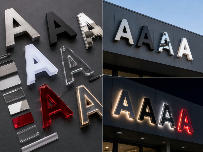 Modern channel letter materials and finishes including brushed steel, aluminum, acrylic, and layered illuminated construction.